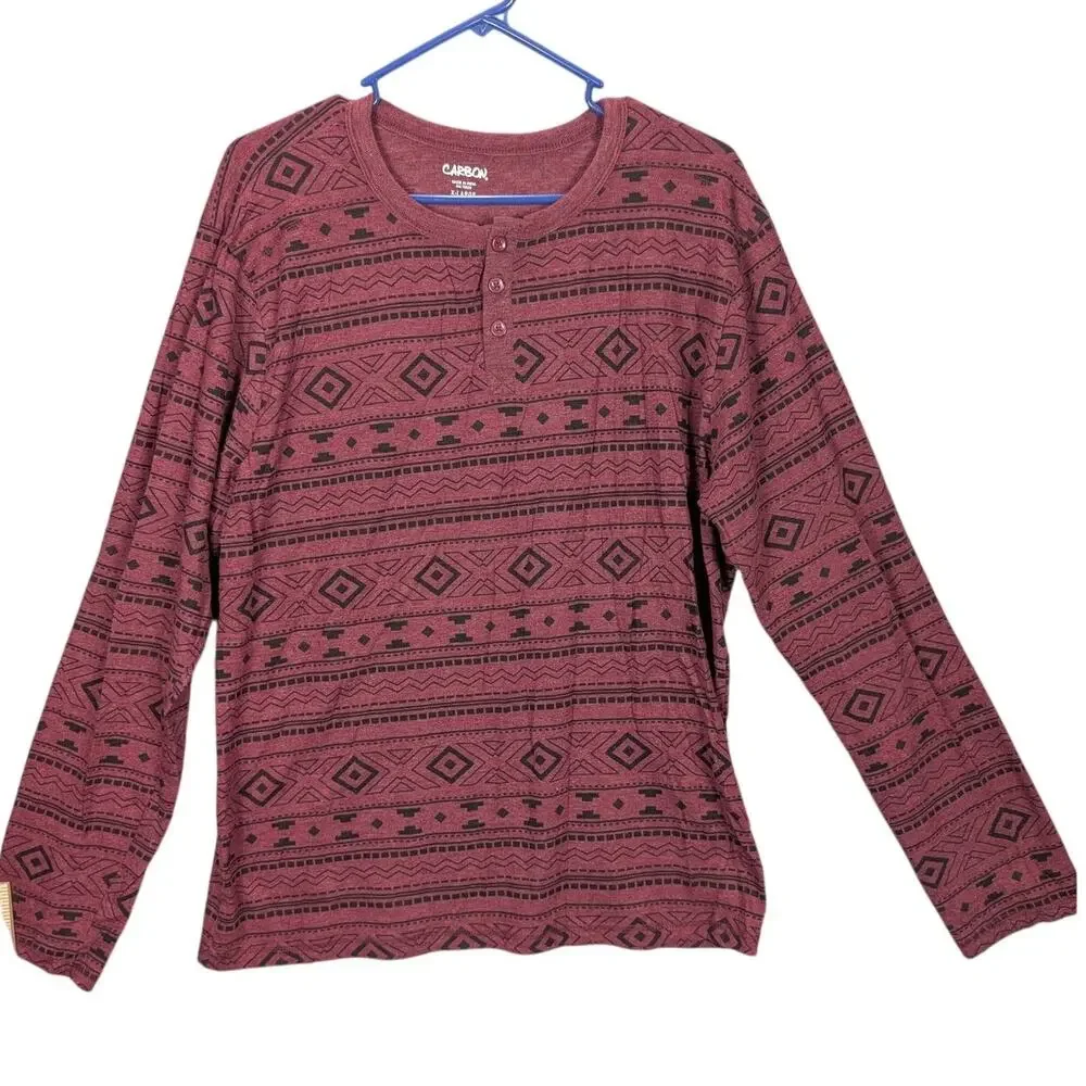 Carbon Shirt Mens XL Burgundy Henley Long Sleeve Aztec Geometric Tribal Skater